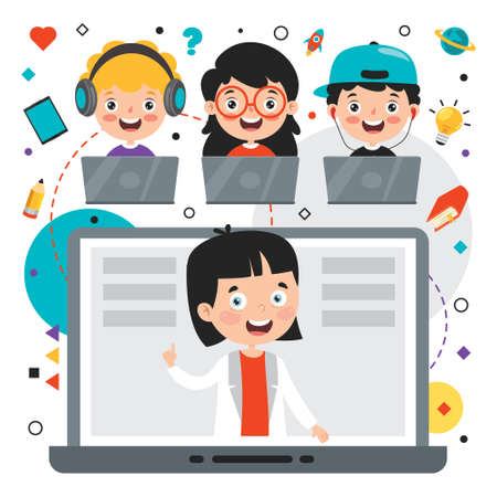 Online Learning Concept With Cartoon Characterのイラスト素材