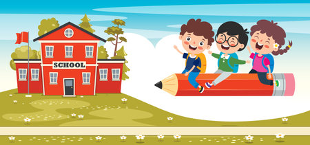 Funny Kid Flying On Colorful Pencilのイラスト素材