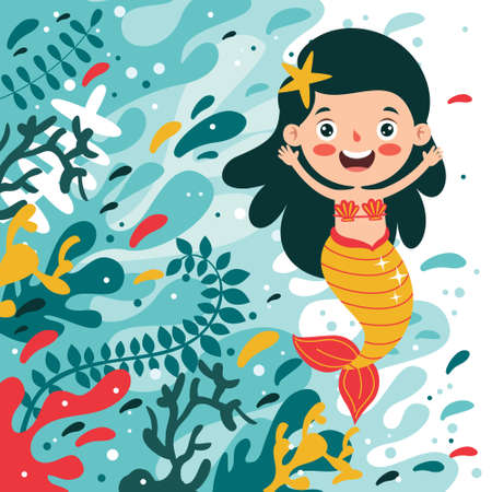 Cute Beautiful Cartoon Mermaid Posingのイラスト素材