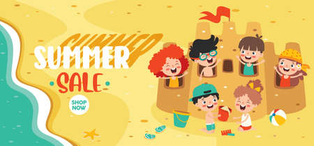 Flat Summer Banner With Cartoon Characterのイラスト素材