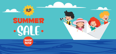 Flat Summer Banner With Cartoon Characterのイラスト素材