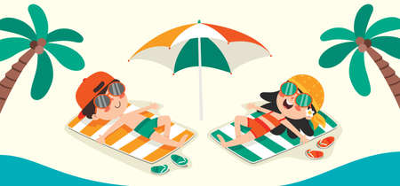 Flat Summer Banner With Cartoon Characterのイラスト素材