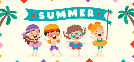Flat Summer Banner With Cartoon Characterのイラスト素材