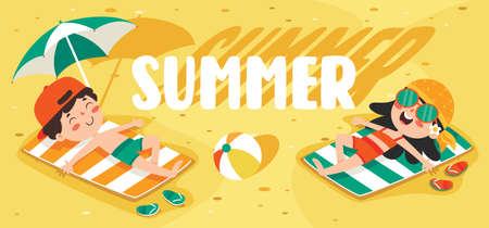 Flat Summer Banner With Cartoon Characterのイラスト素材