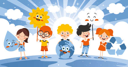 Concept Of Ecology With Cartoon Kidsのイラスト素材