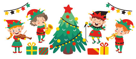 Group Of Cartoon Elfs Celebrating Christmasのイラスト素材