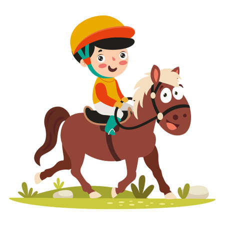 Cartoon Illustration Of A Kid Riding Horseのイラスト素材