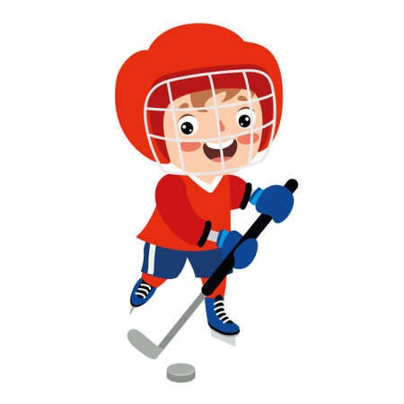 Cartoon Illustration Of A Kid Playing Ice Hockeyのイラスト素材