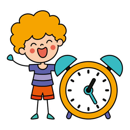 Hand Drawn Funny Cartoon Child With A Clockのイラスト素材