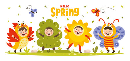 Spring Season With Cartoon Childrenのイラスト素材