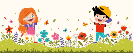 Children Playing In Colorful Flowersのイラスト素材