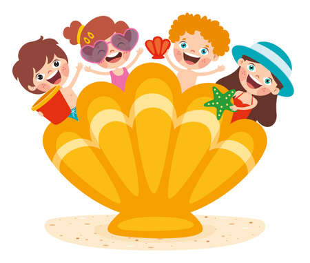 Kids Posing With Sea Shellのイラスト素材