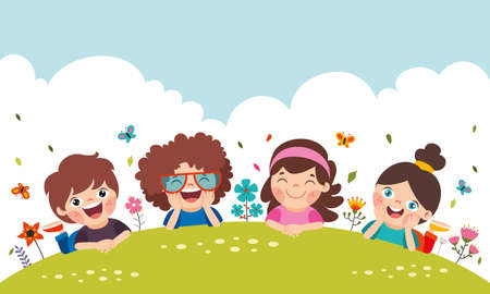 Cartoon Children Lying On Grassのイラスト素材