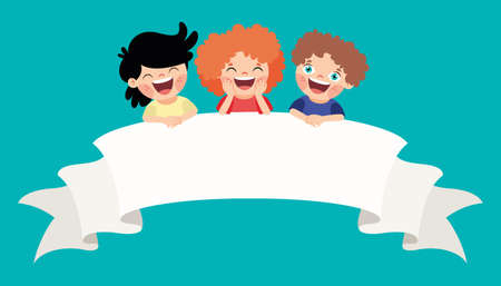Cartoon Kids With Blank Bannerのイラスト素材