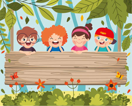 Kids With Banner At Forestのイラスト素材