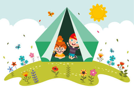 Cartoon Kids Camping At Natureのイラスト素材