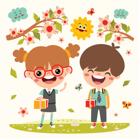 Cartoon Drawing Of Little Studentsのイラスト素材