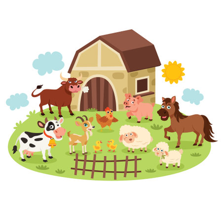 Farm Scene With Cartoon Animalsのイラスト素材