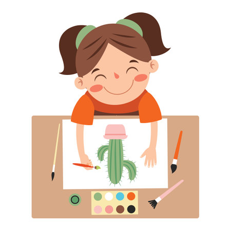 Top View Of Kid Painting On Paperのイラスト素材