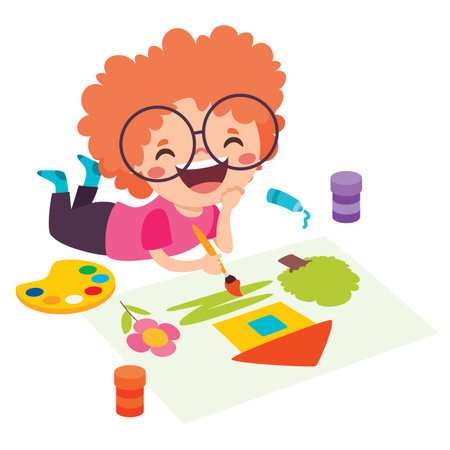 Little Kid Painting On Floorのイラスト素材
