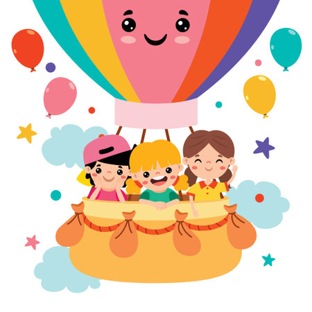 Cartoon Kids Riding A Hot Air Balloonのイラスト素材