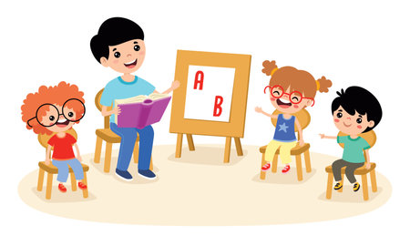 Cartoon Teacher and School Childrenのイラスト素材