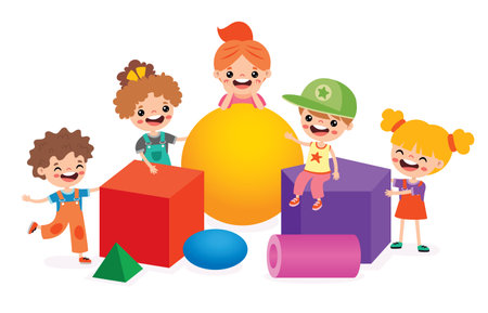 Kids Playing With 3d Geometric Shapesのイラスト素材