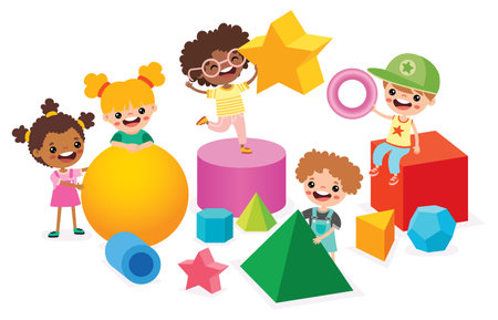 Kids Playing With 3d Geometric Shapesのイラスト素材