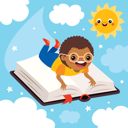 Cartoon Kid Flying With Bookのイラスト素材