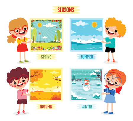 Four Seasons With Cartoon Kidのイラスト素材