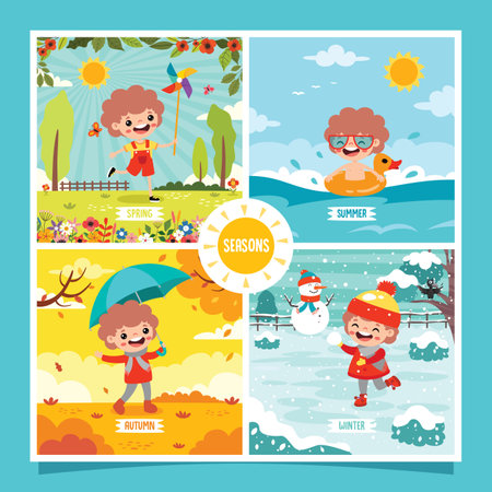 Four Seasons With Cartoon Kidのイラスト素材