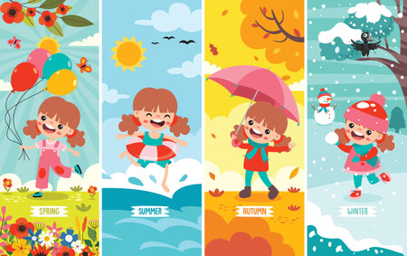 Four Seasons With Cartoon Kidのイラスト素材