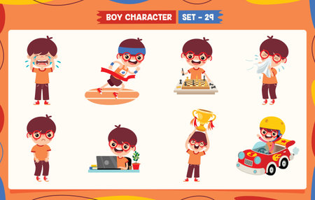 Cartoon Boy Doing Various Activitiesのイラスト素材