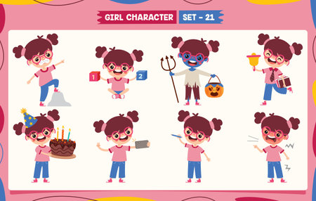 Cartoon Girl Doing Various Activitiesのイラスト素材