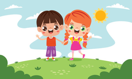 Cartoon Multicultural Kids Holding Handsのイラスト素材