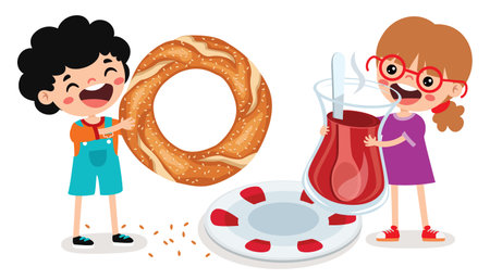 Cartoon Kids With Turkish Bagelのイラスト素材