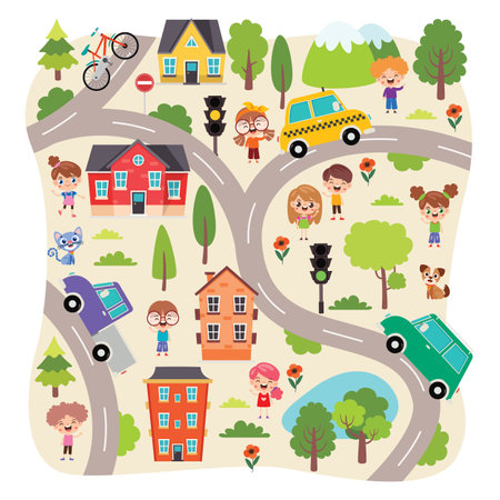 Hand Drawn Kids Map Illustrationのイラスト素材