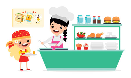 Cafeteria Scene With Cartoon Charactersのイラスト素材