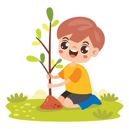 Cartoon Kid Gardening At Natureのイラスト素材