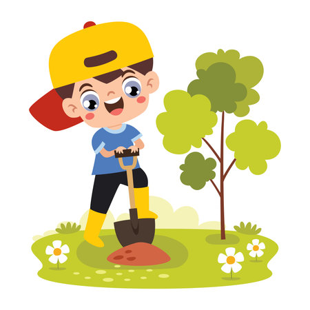 Cartoon Kid Gardening At Natureのイラスト素材