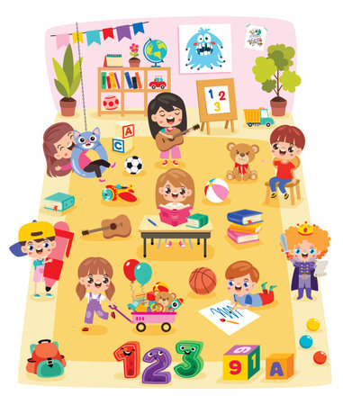 Kindergarten Scene With Cartoon Charactersのイラスト素材
