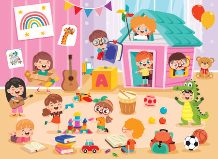 Kindergarten Scene With Cartoon Charactersのイラスト素材