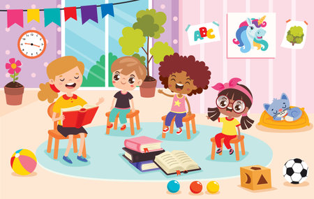 Kindergarten Scene With Cartoon Charactersのイラスト素材
