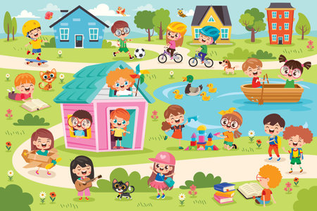 Funny Cartoon Kids Playing Outdoorのイラスト素材