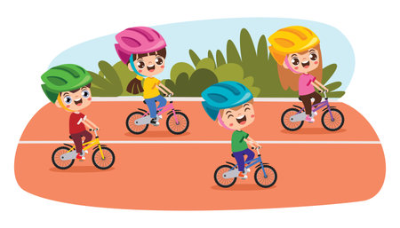 Funny Cartoon Kids Riding Bicycleのイラスト素材