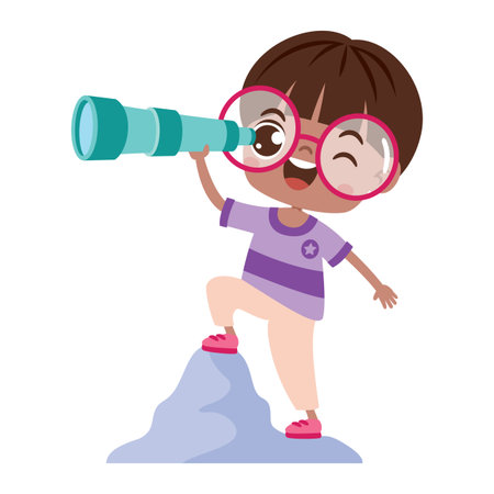 Cute Cartoon Kid Using Binocularsのイラスト素材