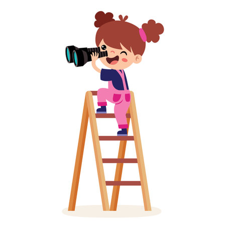 Cute Cartoon Kid Using Binocularsのイラスト素材