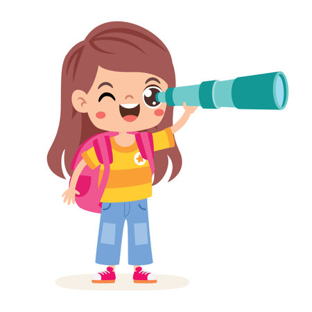 Cute Cartoon Kid Using Binocularsのイラスト素材