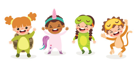 Cartoon Kids Wearing Funny Pajamasのイラスト素材