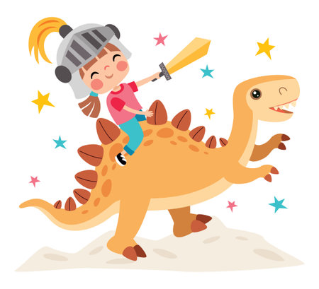 Cartoon Kid Riding Cute Dinosaurのイラスト素材